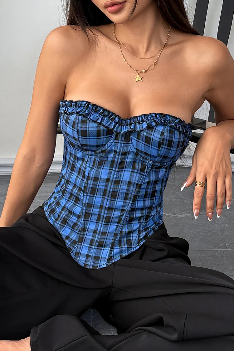 Ruffled Trim Sweetheart Neckline Plaid Print Strapless Corset-Blue