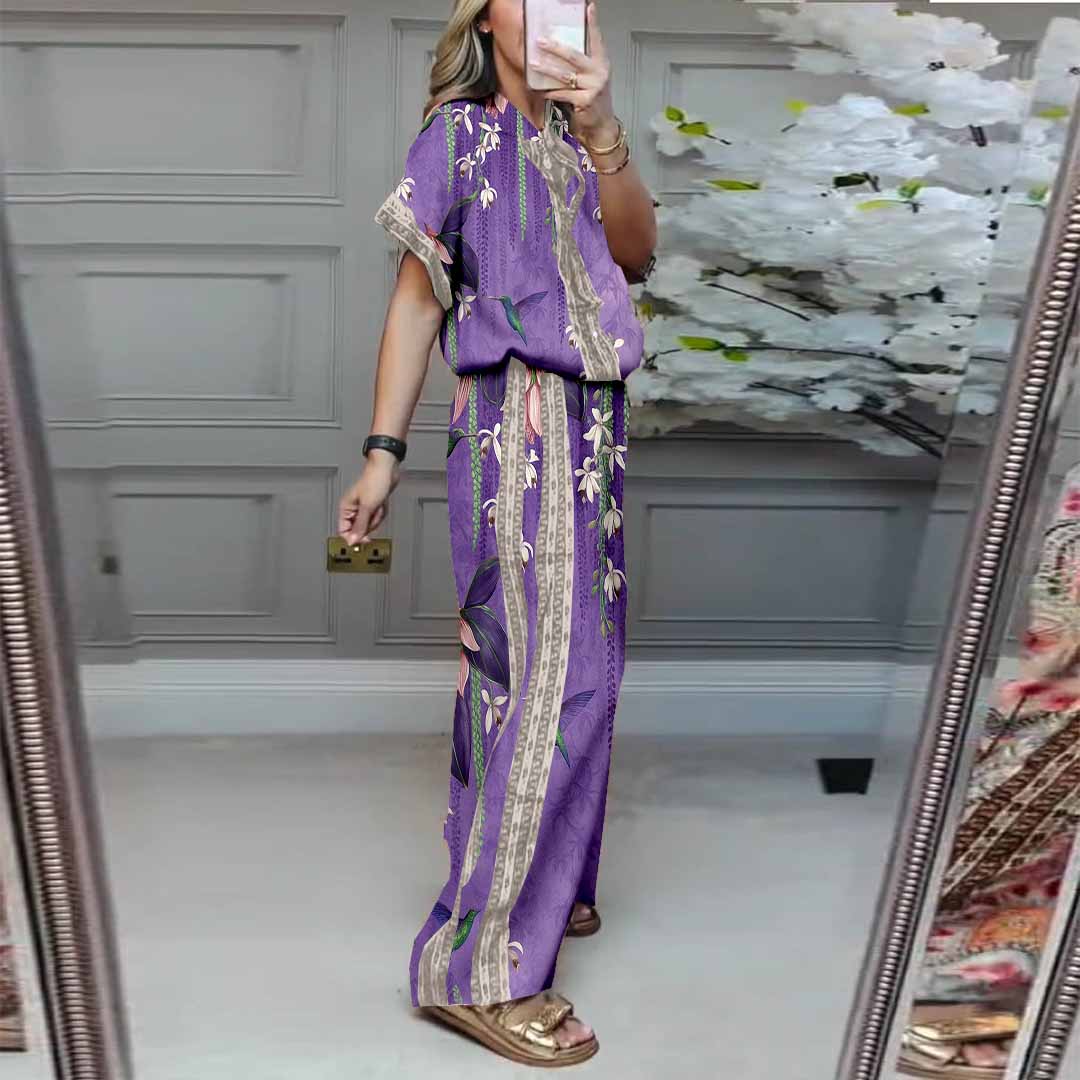 Women Floral, Purple, Pink DZDL1136 V-neck Short Sleeve Blouse and Pants Set