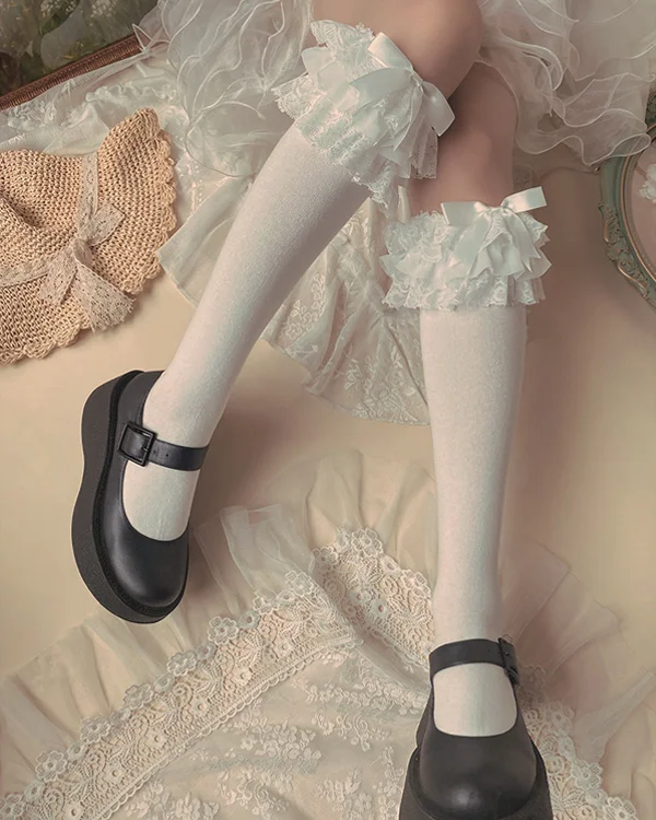 Lolita Multi Layer Lace Bow Cotton Tube Socks LS0006-