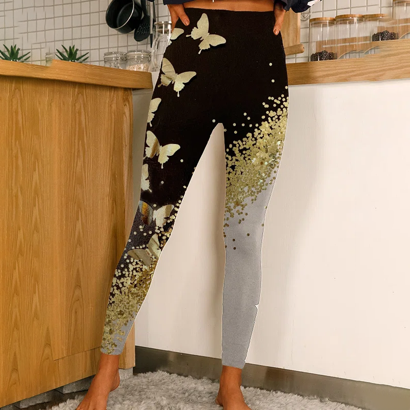 Color Block Golden Butterfly Print Women's Slim Leggings