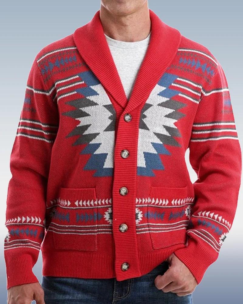 Men's Red Lapel Long Sleeve Jacquard Cardigan Sweater