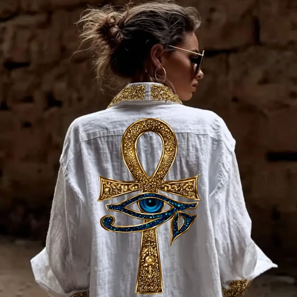 Women's Ancient Egyptian Ankh And Eye Of Horus Gold-stamped Basic Shirt