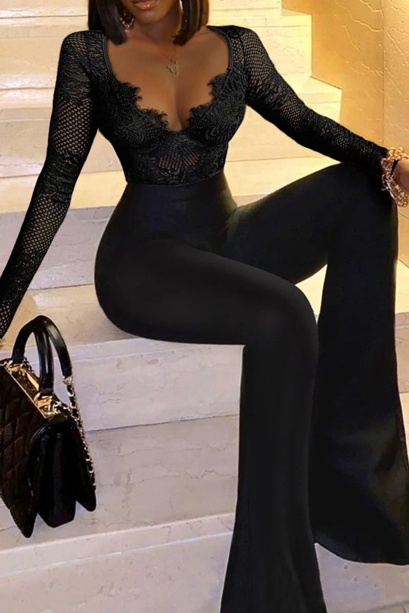 Fashion Sexy Solid Split Joint See-through V Neck Skinny Jumpsuits