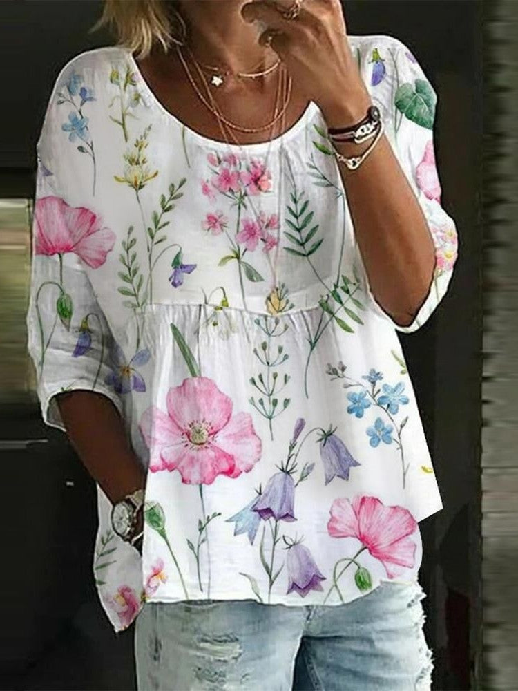 Women Long Sleeve V-neck Graphic Floral Printed Top