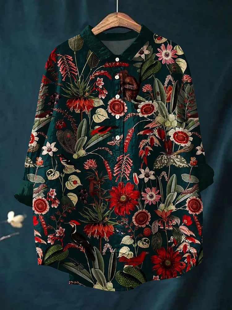 Women's Floral Art Print Casual Cotton And Linen Top