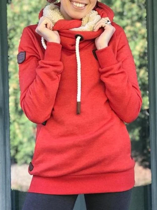 Red Cotton-Blend Long Sleeve Patchwork Hoodie Sweatshirt