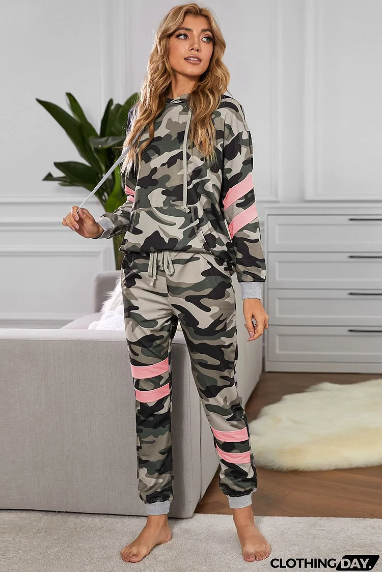 Women Casaul Green Camo Print Color Block Pullover Pant Pajama Set