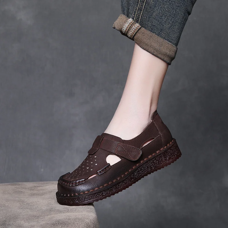 Yyvonne Time 99] Head Layer Of Cowhair Retro Handmade Hole Shoes Female Summer Beef Soft-Soled Mother Shoes With Hollow Shoes