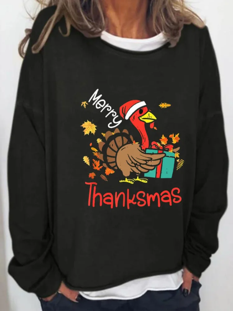 Merry Thanksmas Fall Turkey Print Loose Sweatshirt