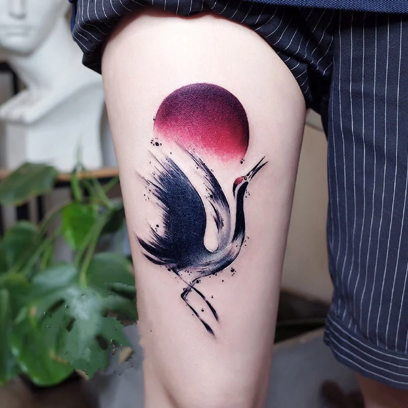 Colorful Red-Crowned Crane Temporary Tattoos For Men Women Arm Body Flash Decals Waterproof Fake Tattos Animal Tatoos