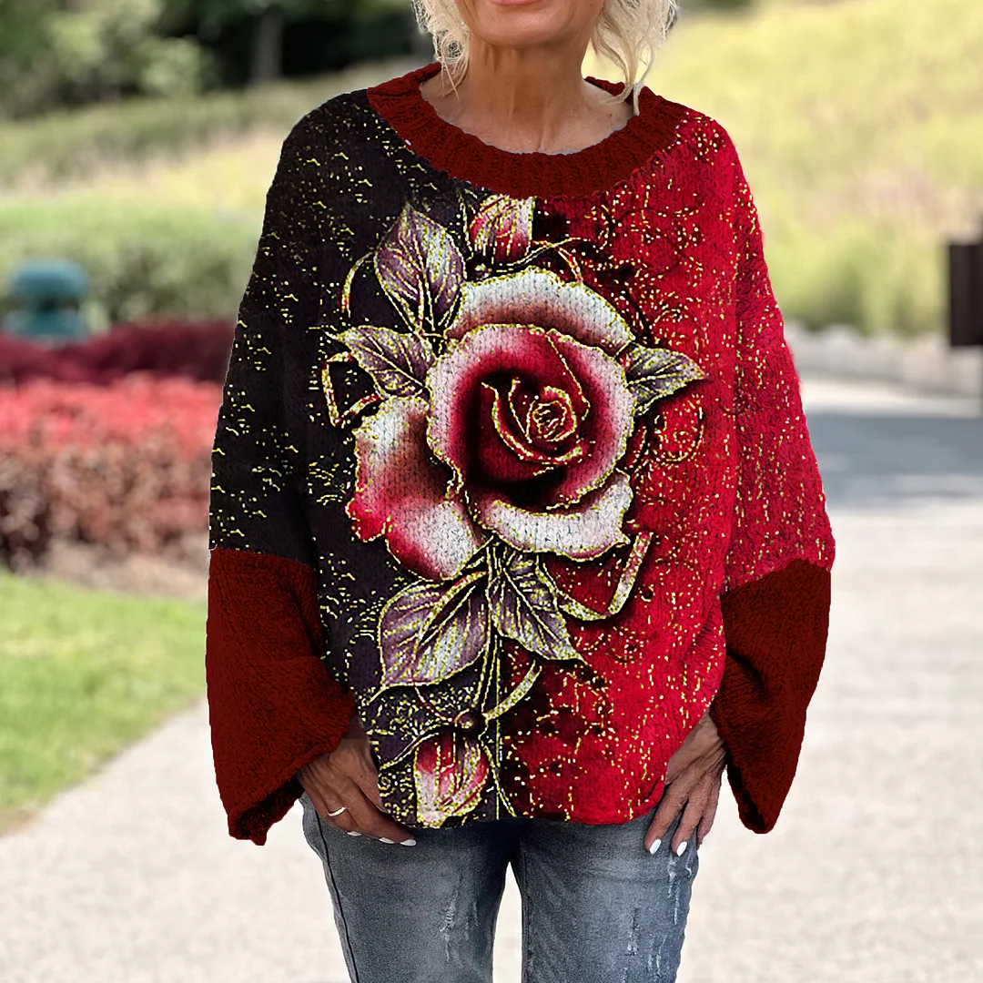 Vintage Rose Printed Women's Loose Sweater