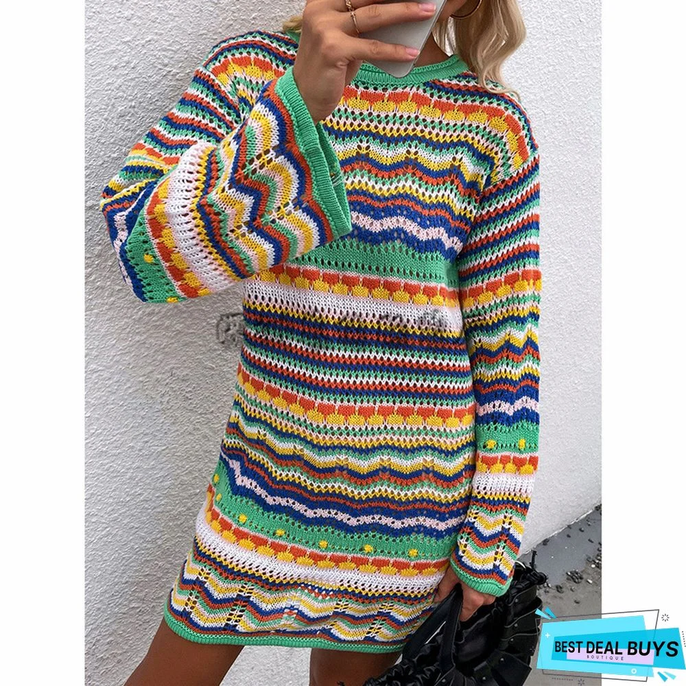 Multicolor Cotton-Blend Round Neck Casual Sweater