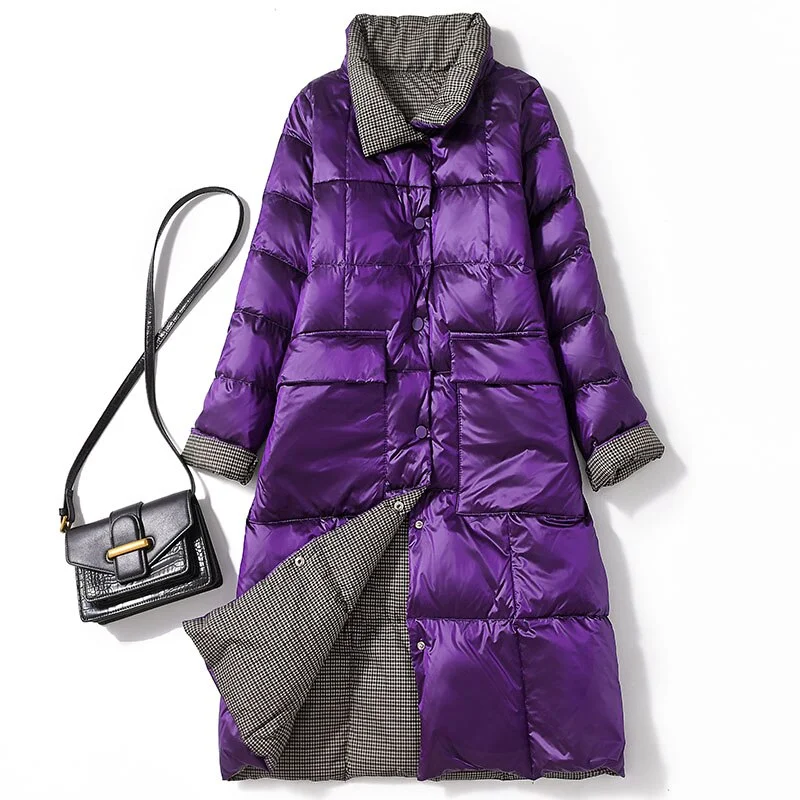 FTLZZ Women Double Sided Down Long Jacket Winter Stand Collar 90% White Duck Down Coat Single Breasted Thick Warm Snow Outwear