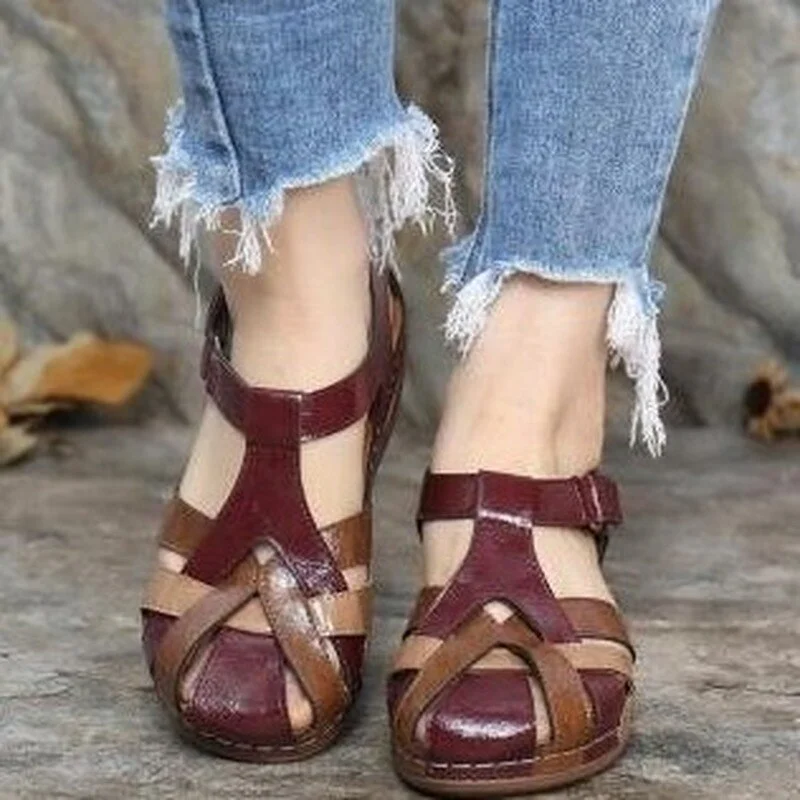 2020 New Summer Women's Sandals Fashion Velcro Wedge Casual Sandals Baotou Low Heel PU Roman Women's Shoes Zapatos De Mujer