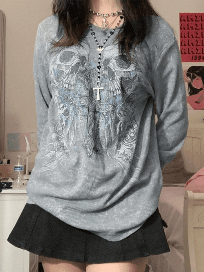 Brownm Cross Skull Printed Long Sleeve Top