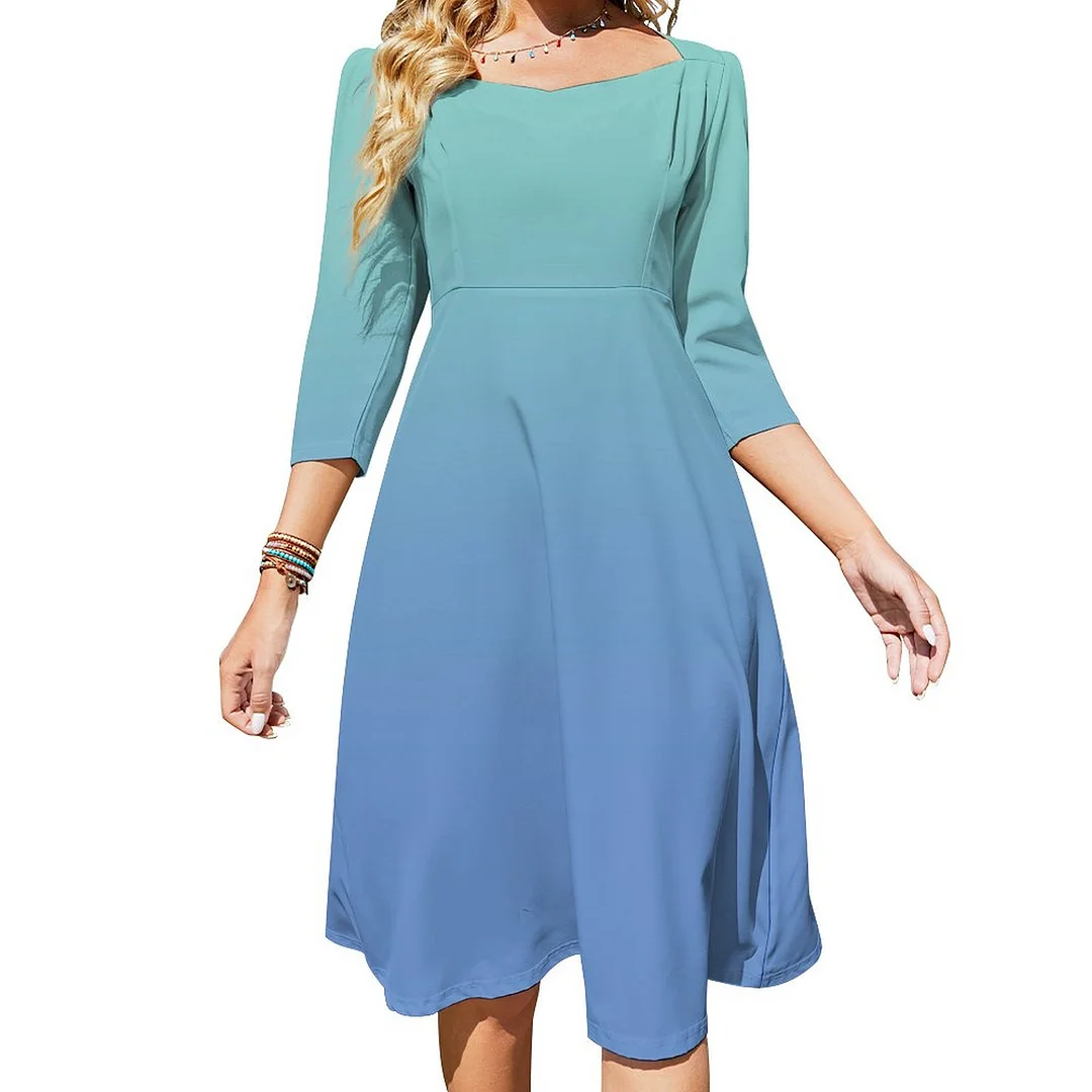 Modern Cornflower Blue And Light Teal Ombre Dress Sweetheart Tie Back Flared 3/4 Sleeve Midi Dresses