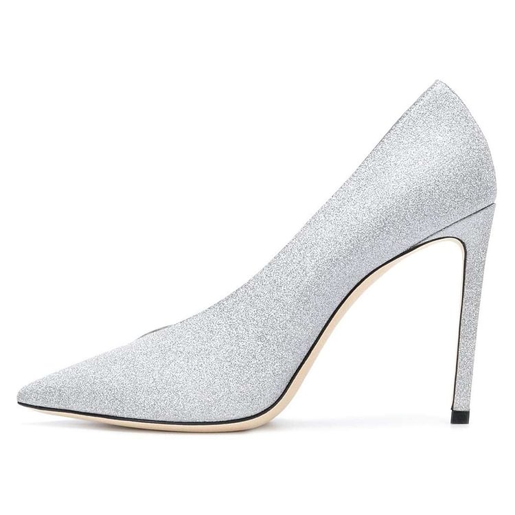 Women's Silver Pointy Toe Stiletto Heels Glitter Shoes |FSJ Shoes