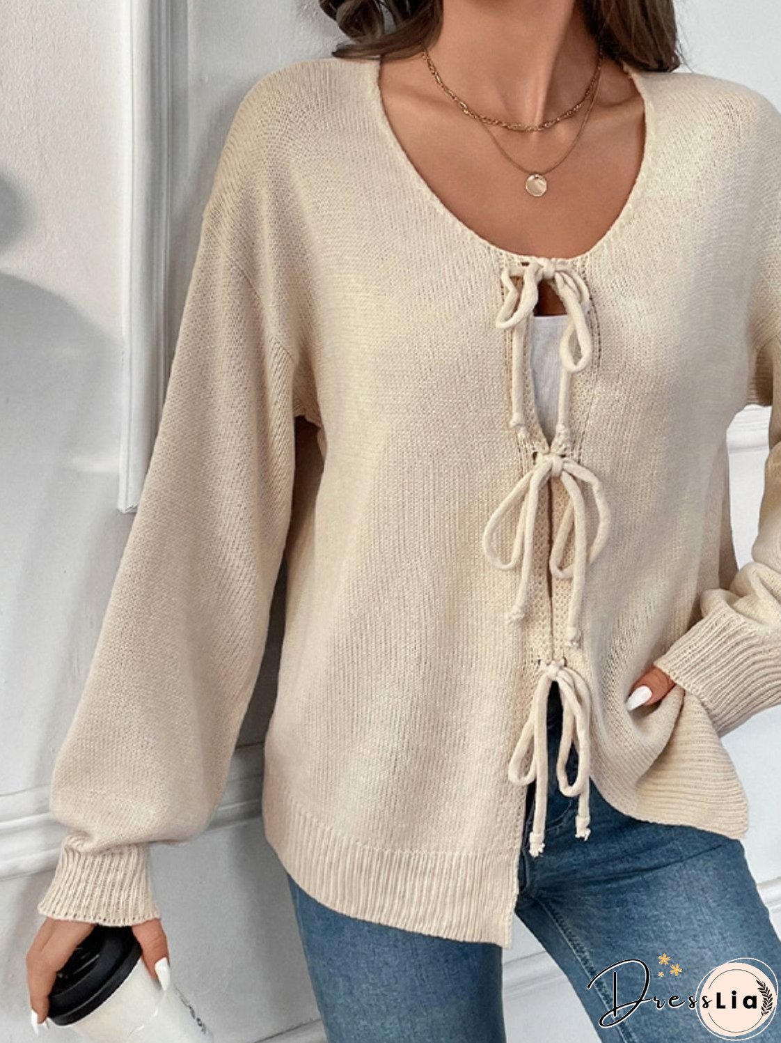 Perfee Tied Round Neck Long Sleeve Cardigan