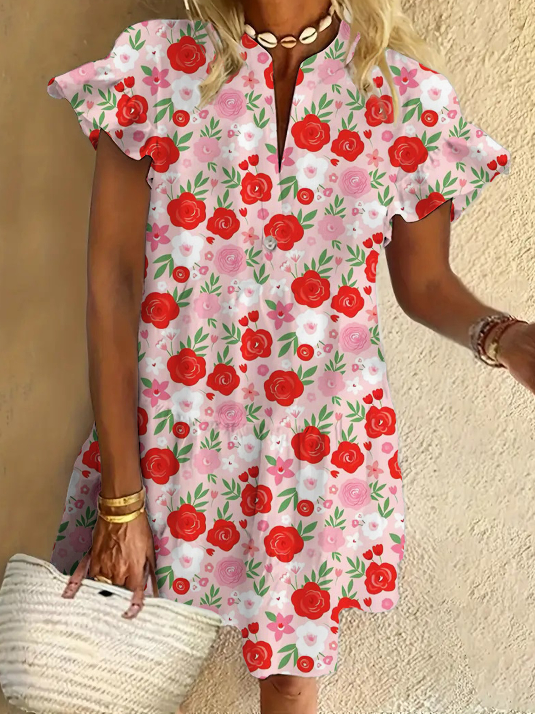 Floral Print Ruffled Short-sleeved V-neck Buttoned Dress Vacation Beach Dress