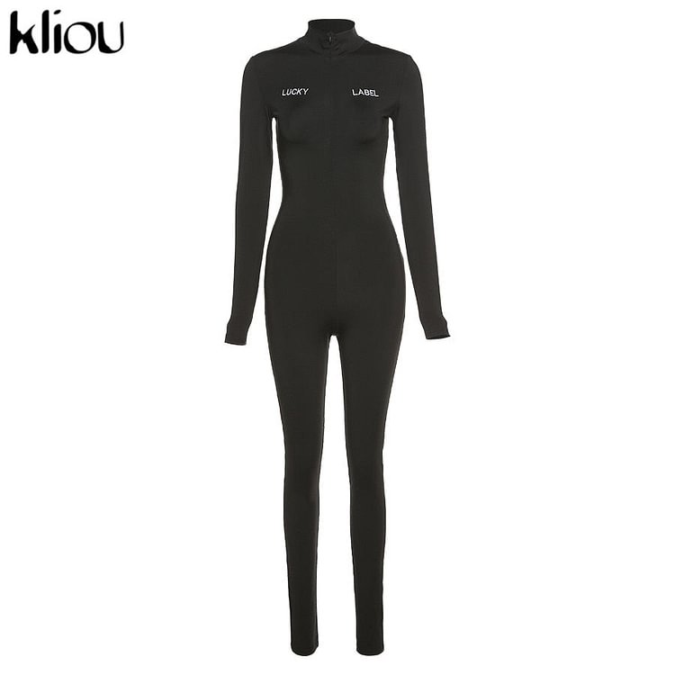 Kliou Letter Embroidery Solid Stacked Zipper Jumpsuits Women Autumn Rompers V-neck High Waist Elastic Female Sporty Streetwear - BlackFridayBuys
