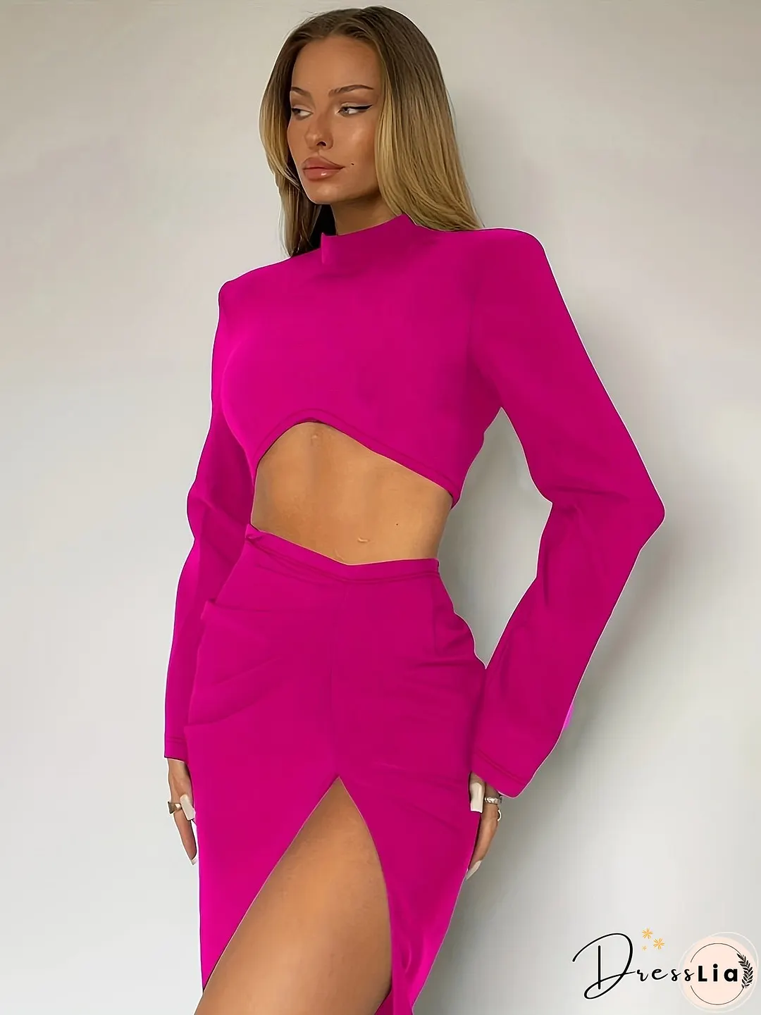Sexy Solid Slim Two-Piece Skirt Set Crop Mock Neck Top High Split Pleated Outfits Womens