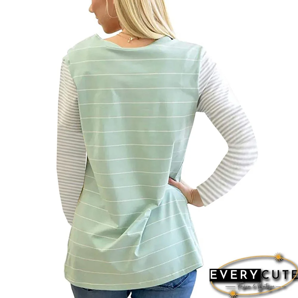 Light Green Striped Contrast Color Long Sleeve T-Shirt with Pocket