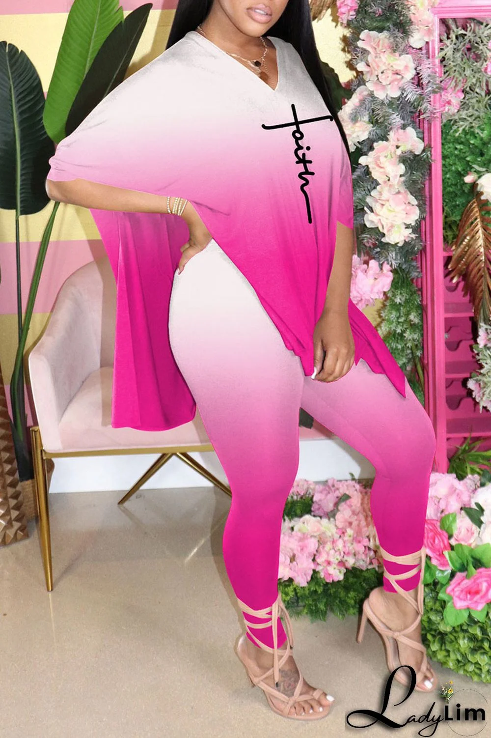 Black Casual Gradual Change Print Patchwork Slit V Neck Half Sleeve Two Pieces