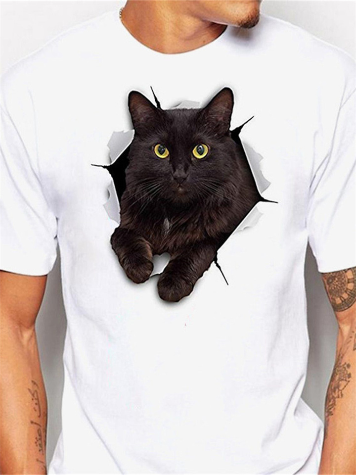 White Short-sleeved Men's Tops Cat Design Printed T-shirt | 168DEAL