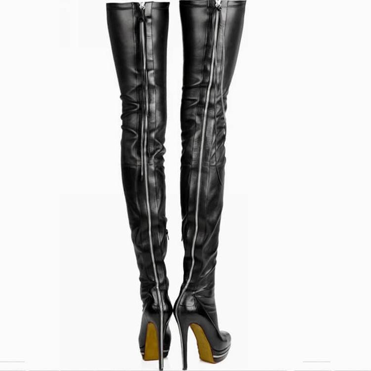 GOOSHOE Black Platform Leather Thigh High Zipper Boots