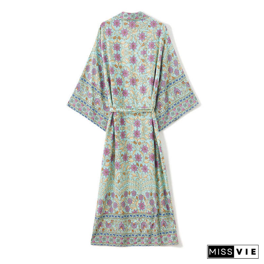 Boho Floral Print Belt Robe Long Cardigan Kimono Outerwear