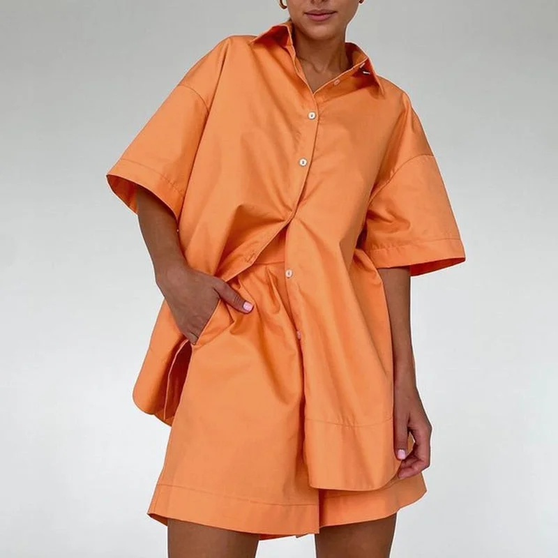 Casual Women Short Set Tracksuit Loungewear Two Piece Women Outfits Oversized Long Shirt And High Waist Shorts Green