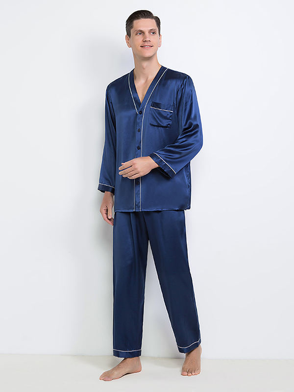 22 Momme Ensemble de pyjama long en soie Lifestyle pour homme Bleu 1
