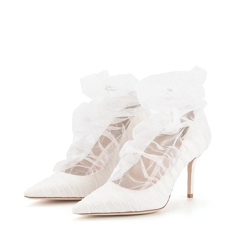 White Mesh Wedding Heels Pointy Toe Stiletto Heel Pumps |FSJ Shoes