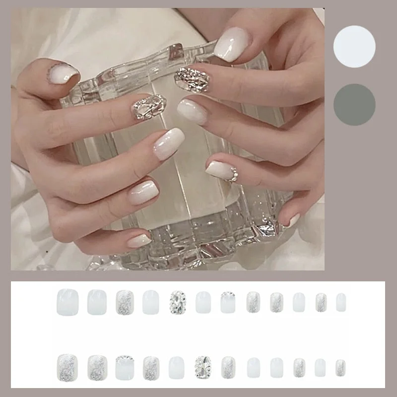 24pcs artificial nails with glue squoval mid-length White Diamonds and Nail Sticker Finished fake nails press on with designs DL-Nail Inspo