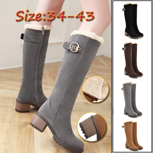 Women Boots Female Winter Shoes Fur Warm Boots Fashion Square High Heels Knee High Boots Black Boots - Life is Beautiful for You - SheChoic