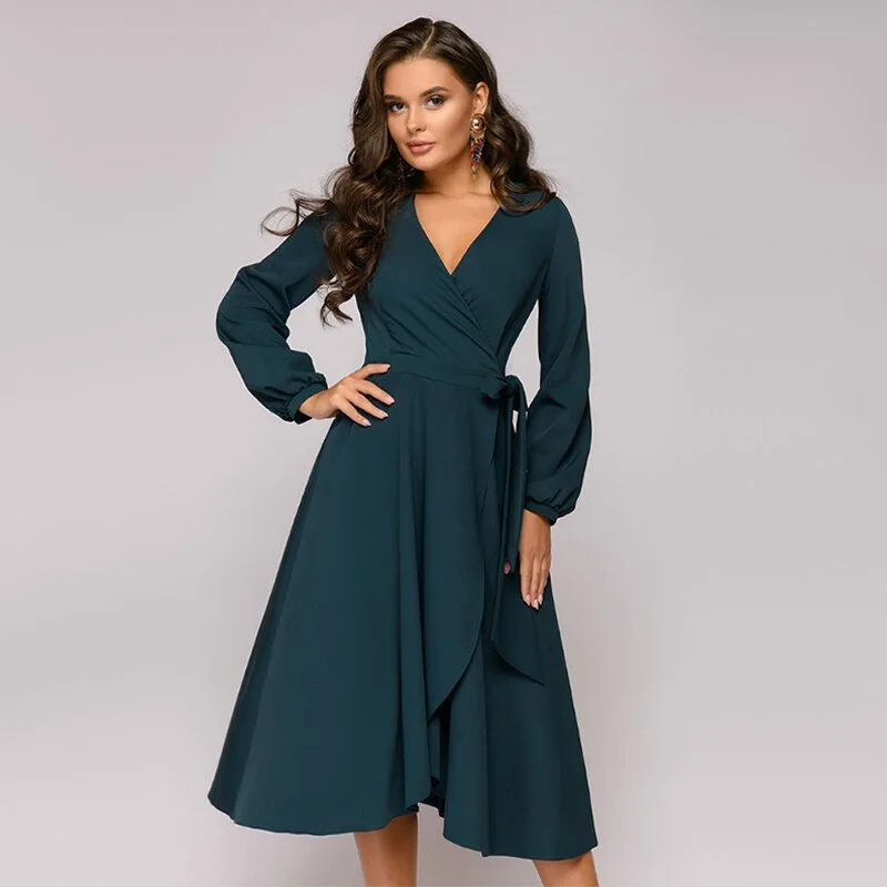 Women Vintage Sashes A-line Party Dress Long Sleeve Sexy V neck Solid Elegant Casual Beach Dress 2020 Summer New Fashion Dress