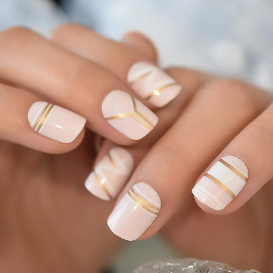 Pink Nude White French Fake Nails Squoval Square UV Gel False Press on Nails for Girl Full Cover Wear Finger Nail Art Tips 1123-Nail Inspo