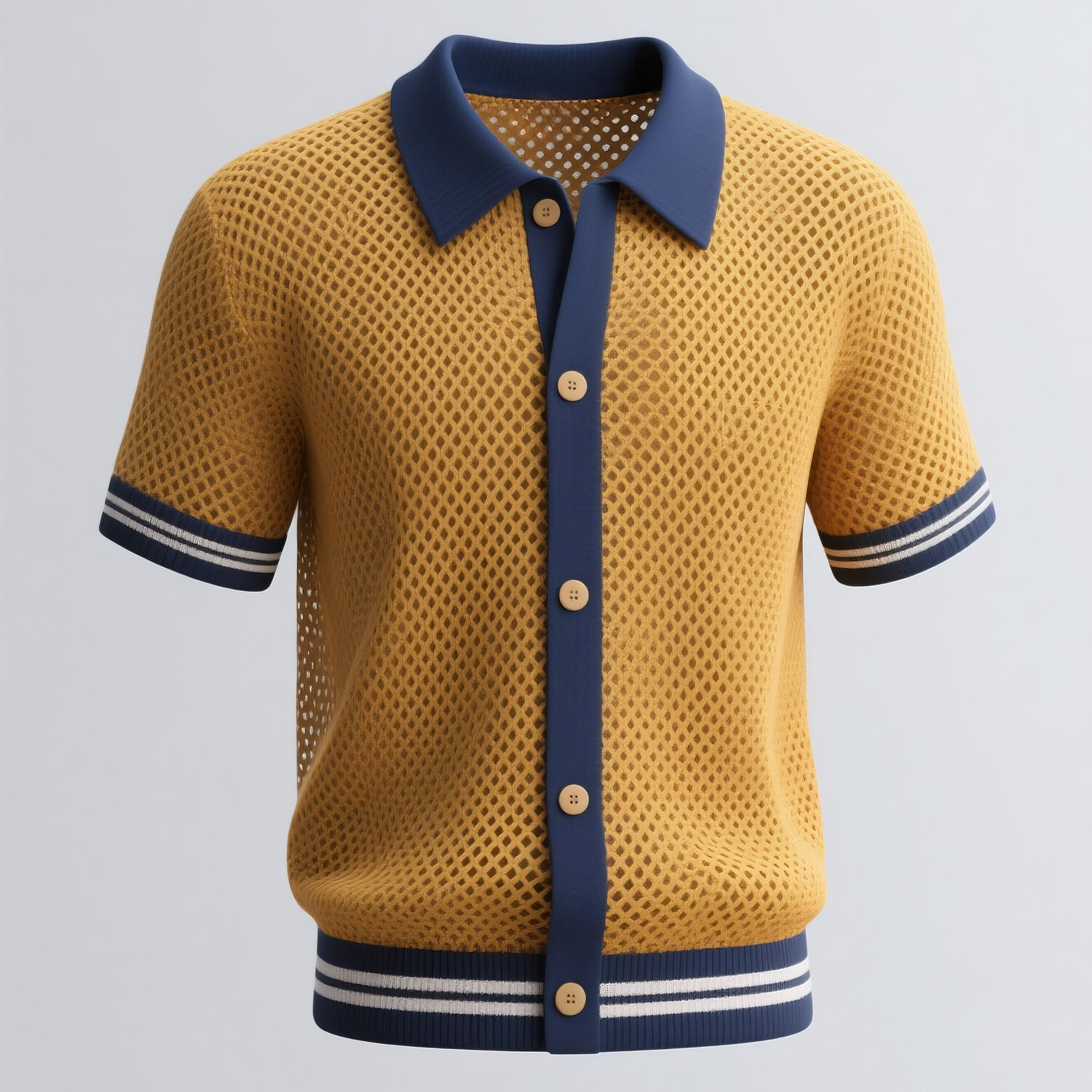Men's Hollow Knit Contrast Color Stripe Turndown Collar Button Short Sleeve Shirt