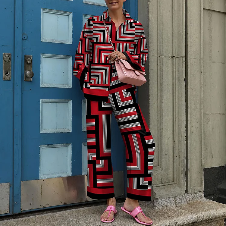 Long Sleeve Geometric Print Two Piece Set