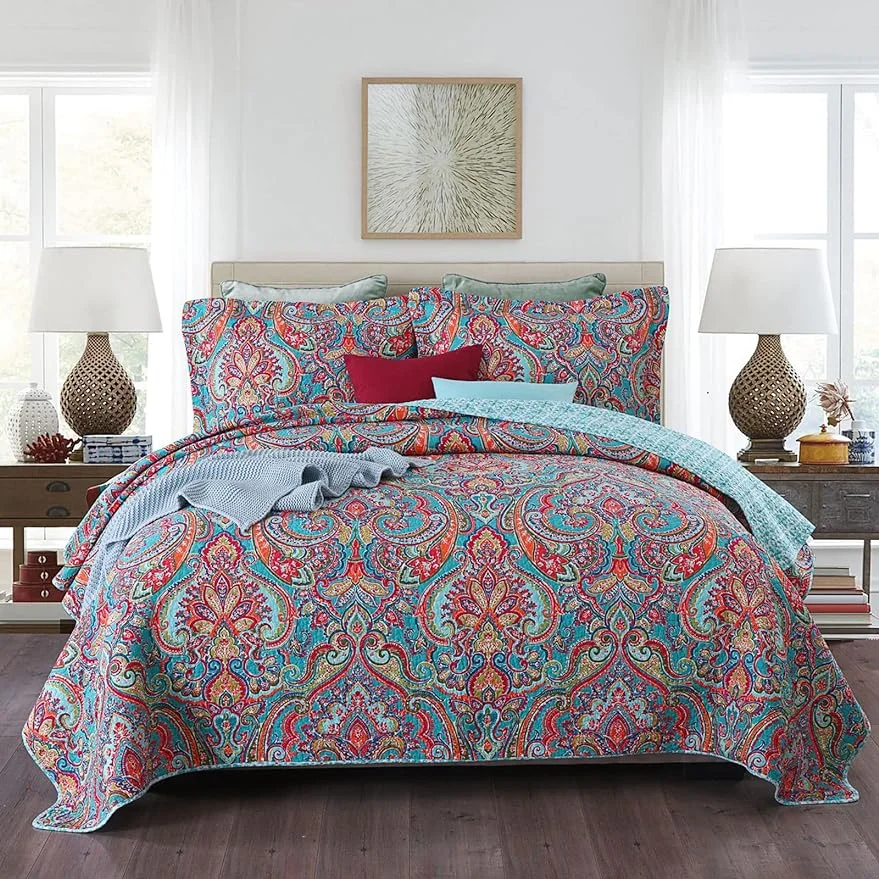 Qucover Quilts and Bedspreads Vintage Floral Paisley Pattern Bedspread for King Beds, Soft Cotton Microfiber Lightweight Summer Quilt Comforters with Pillow Shams