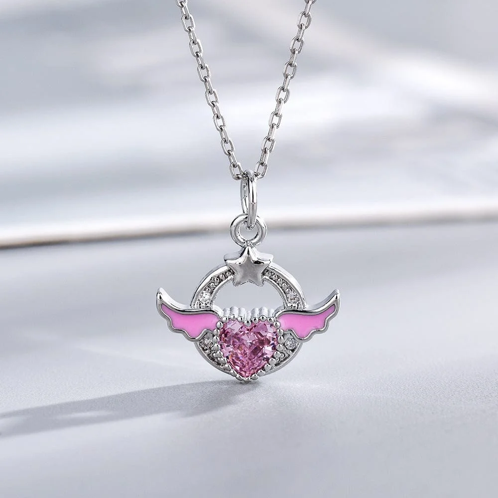 Sweet Pink Crystal Angel Heart Wings Necklace
