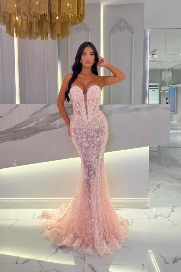 Lisliy Romantic Pink Lace Mermaid Prom Dress 