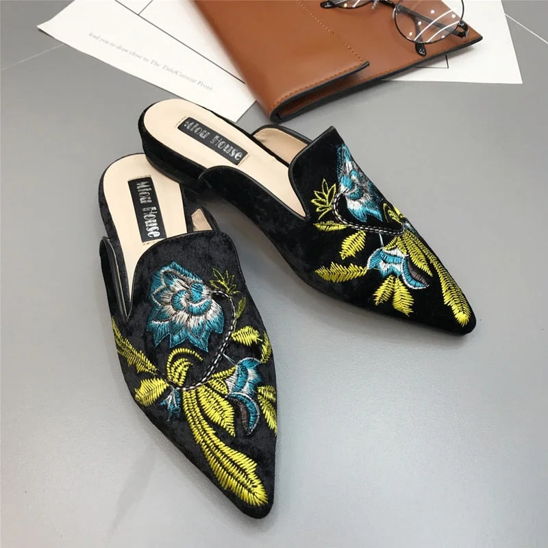 gold velvet mules shoes women embroidery flower slippers pointed toe flock flat moccasins embroider floral loafers flats 2019