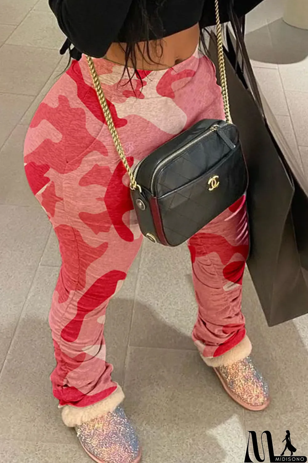 MidiSono - Red Blue Green Polyester Elastic Fly Mid camouflage pencil Pants Bottoms