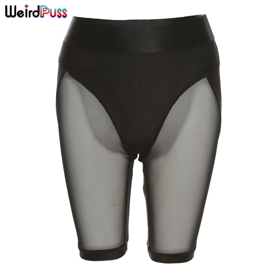 Weird Puss Sexy Shorts Women See Through Mesh Patchwork Skinny Stretchy High Waist Biker Shorts Sporty Fitness Casual Streetwear