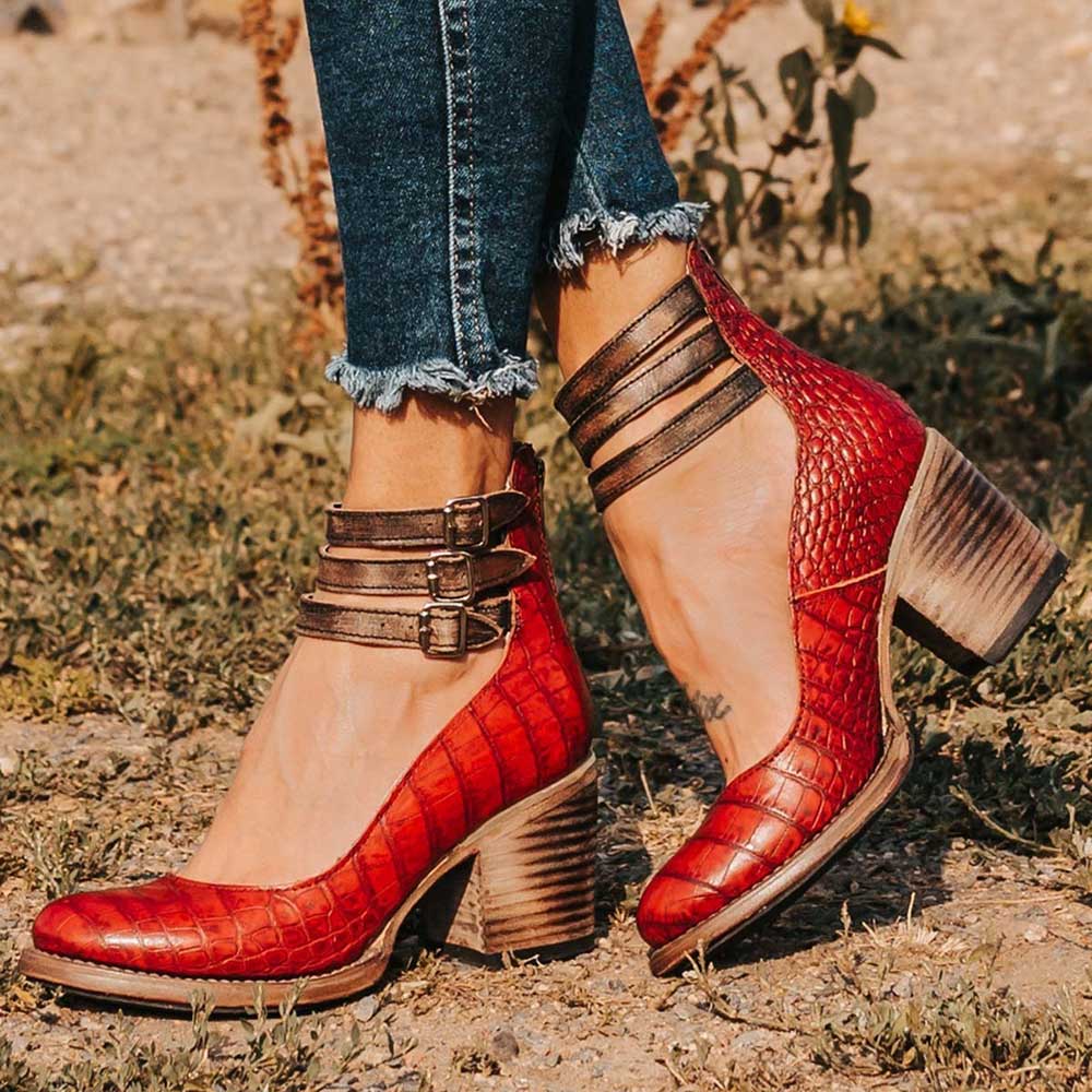 Red Croco Embossed Buckle Ankle Strappy Block Heel Zip Mary Jane Shoes Nicepairs