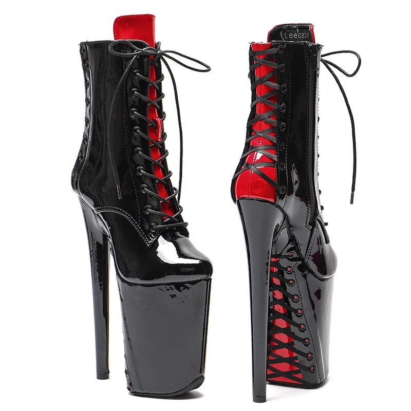 TAAFO 23CM/9inches Patent PU Black With Red Color Back Lace Pole Dance Shoes High Heels Pole Dance Boot