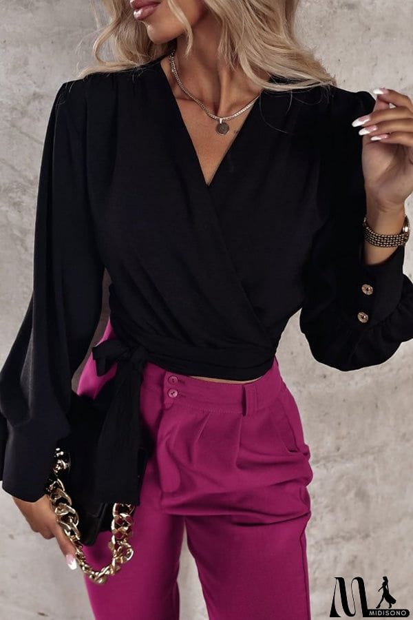 MidiSono - Surplice Puff Sleeve Wrap Blouse
