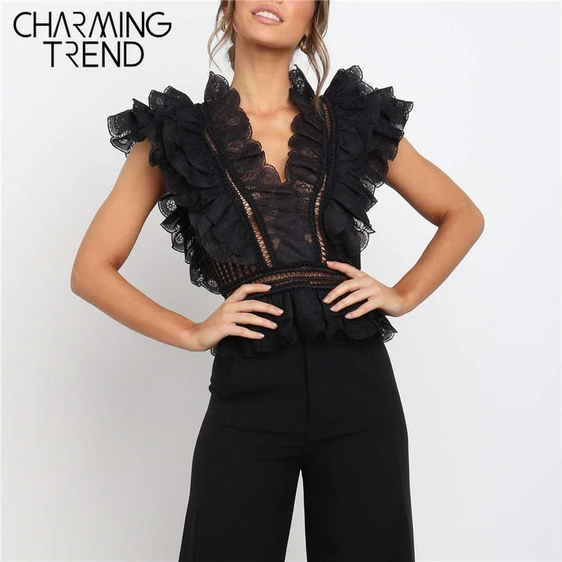 Billlnai 2023 Women Lace Tanks Tops Openwork V-Neck Backless Sleeveless short Tanks Summer Black Lace  Banquet Elegant Female Party Tops Caim
