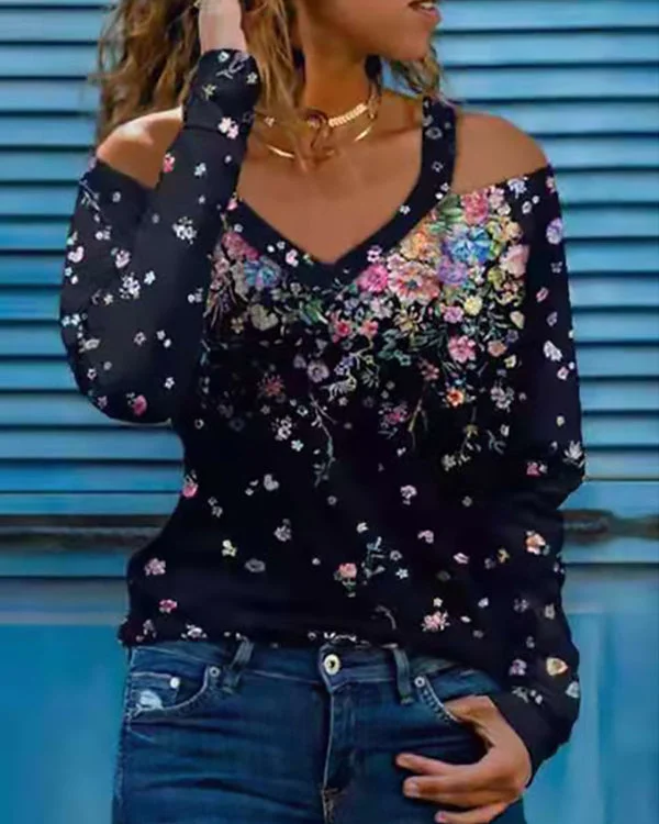 Casual Women V Neck Flower Print Blouses Tops